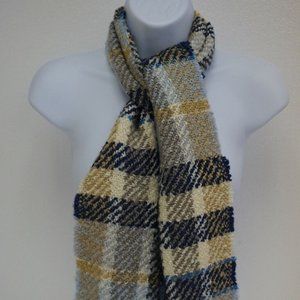 V. FRAAS GERMANY Scarf Blue Tan Cream Check Striped Fringe 56" X 9 Rectangle